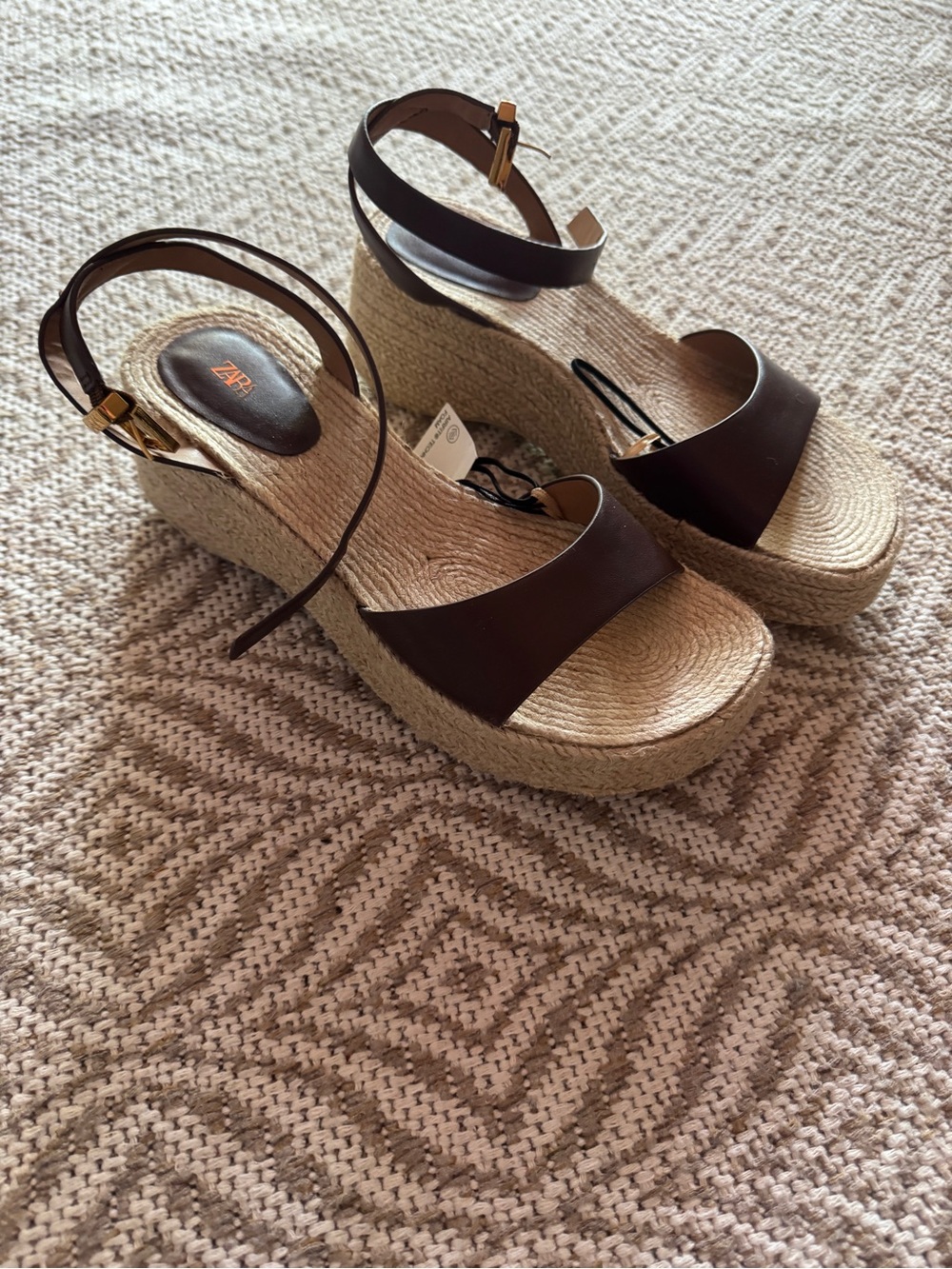 Zara Brown Espadrille Jute Wedge Sandals with Ankle Strap